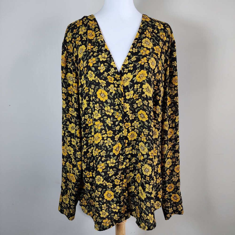 Long Tall Sally Floral Blouse Womens 16 Black Yellow Formal Office Dopamine Fun